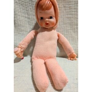 Vintage Baby Doll with Pink Knitted Outfit and Bottle